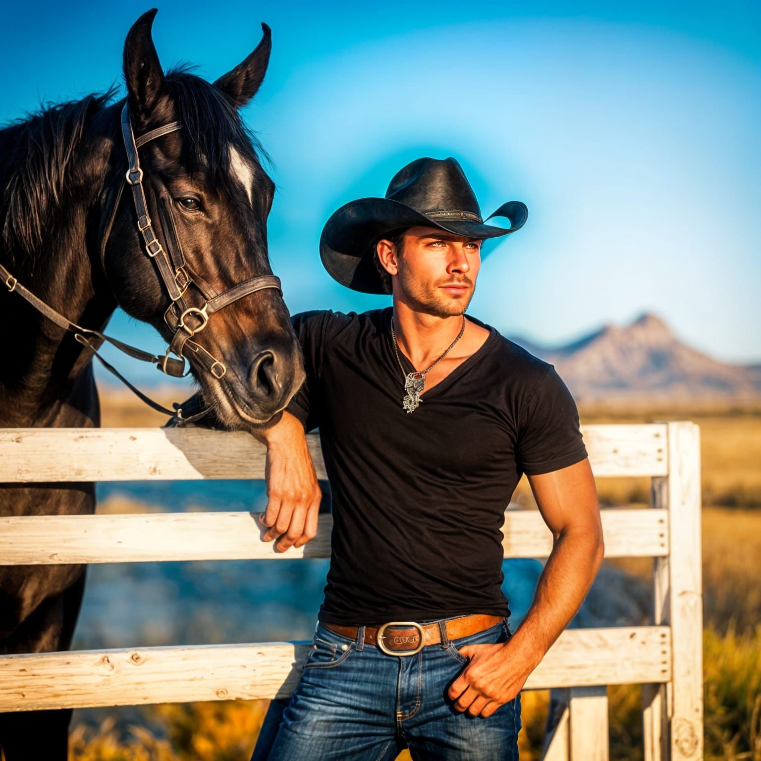 Handsome Cowboy and Black Horse in Stetson