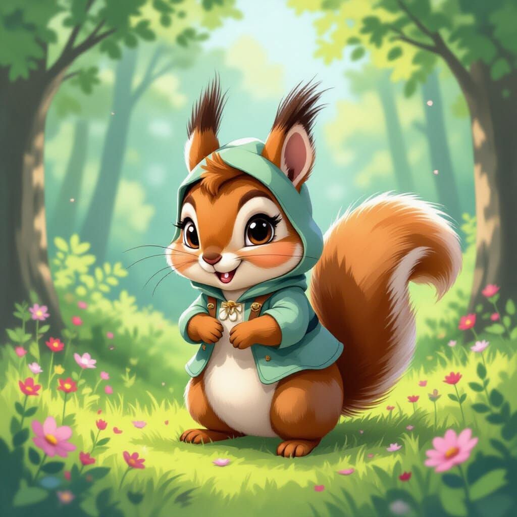 Mischievous Squirrel in Vibrant Forest, Whimsical Style