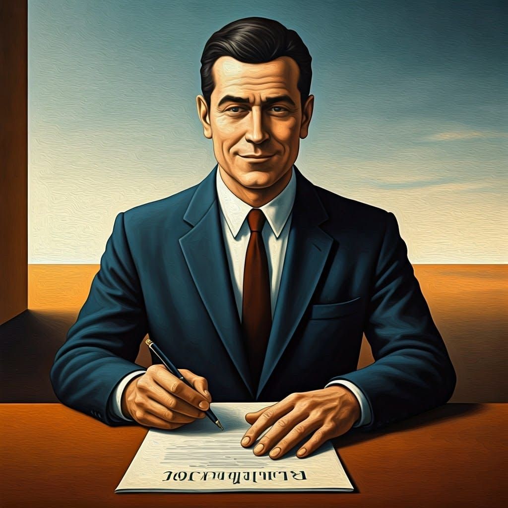 Surreal Man Contemplates Contract in Magritte Style