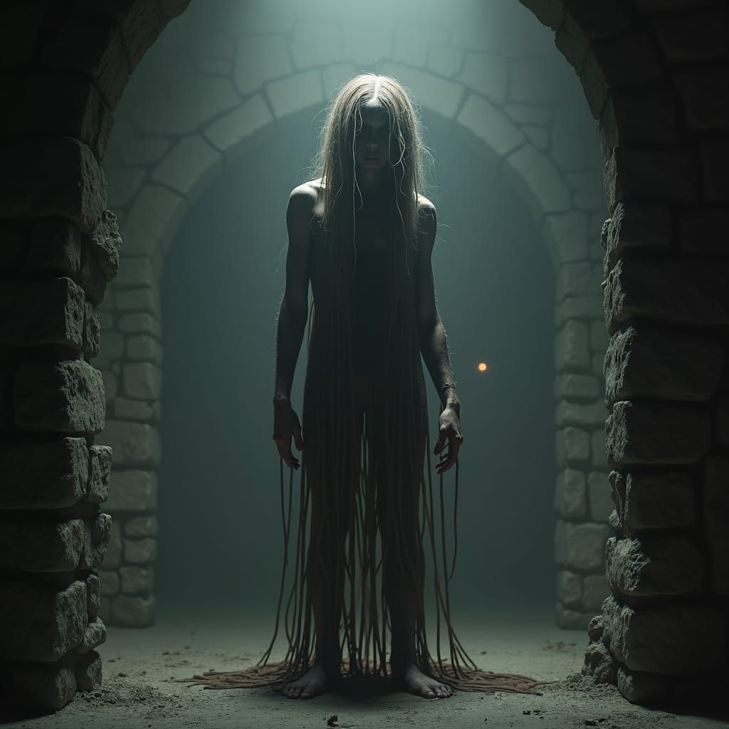 Creepy horrifying pale skin no eyes stringy hair starved creature monster tall stone room dark lighting