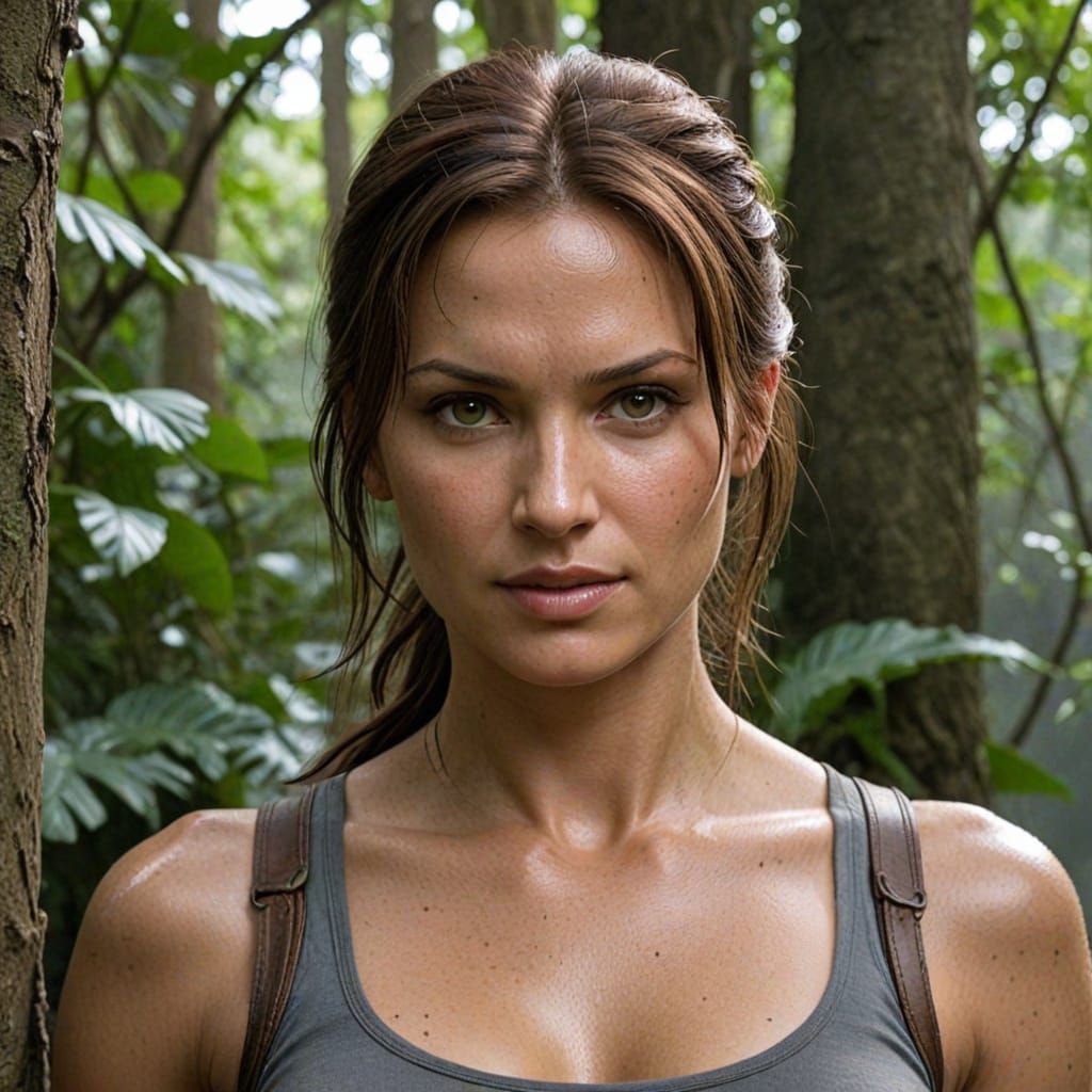 Lara Croft Actress Posing for Action Shot