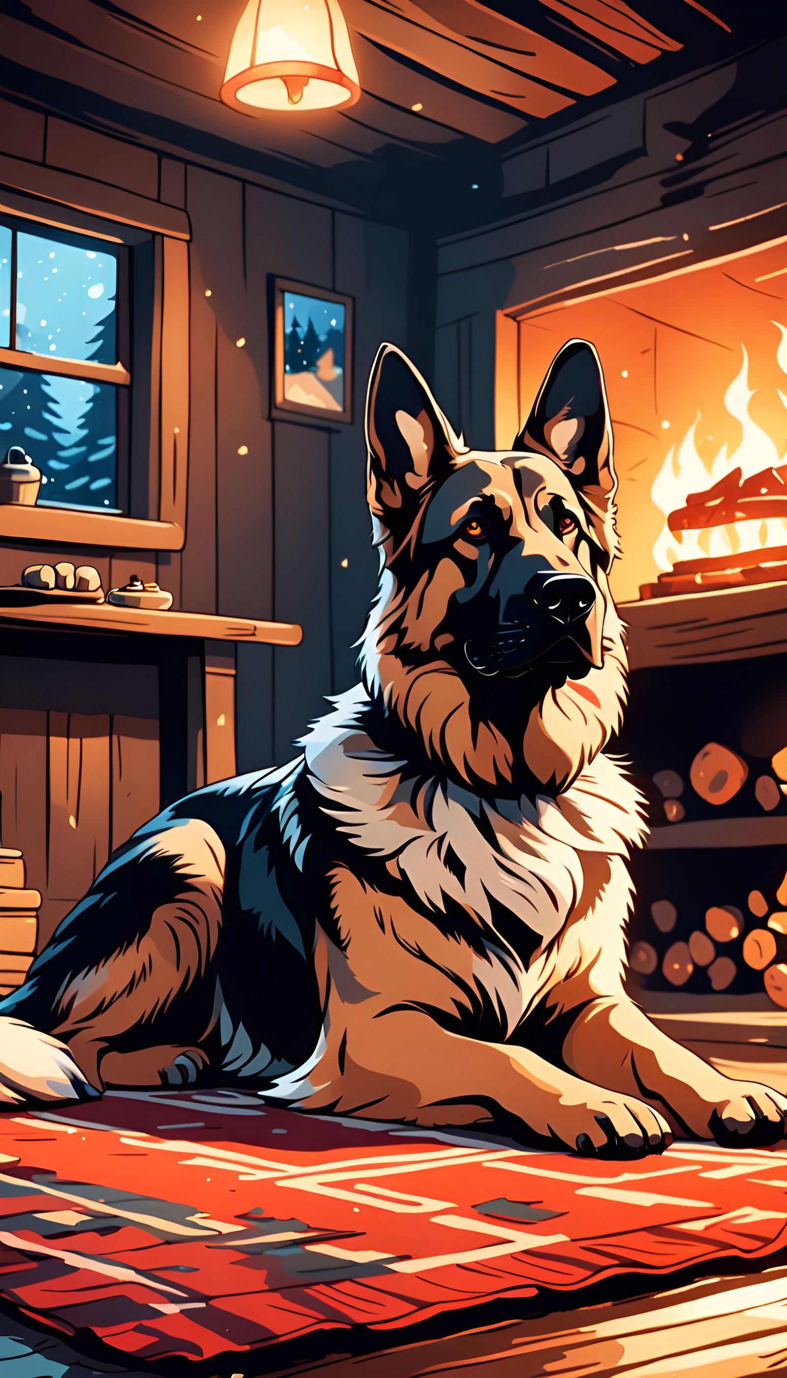 German Shepherd in Cozy Cabin, 90s Anime Style