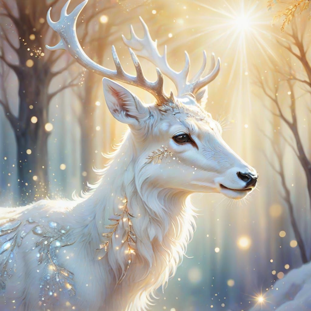 Enchanted White Deer in Heavenly Watercolor