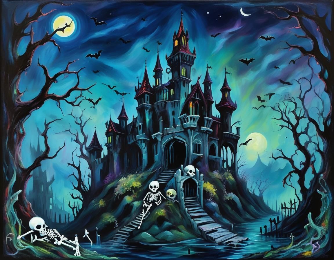 Mermaidpunk Castle Oil Painting with Skeletons and Ghosts