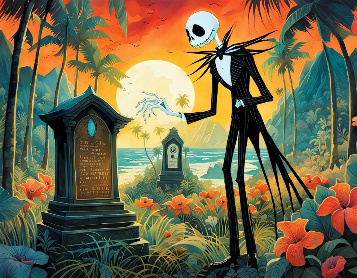 Jack Skellington in Hawaiian Graveyard, Gouache Style