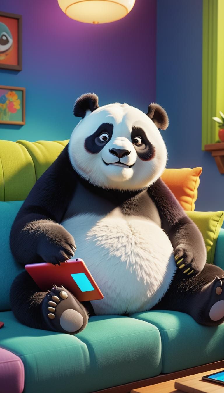 Fluffy Panda on Couch with iPad, Pixar Style