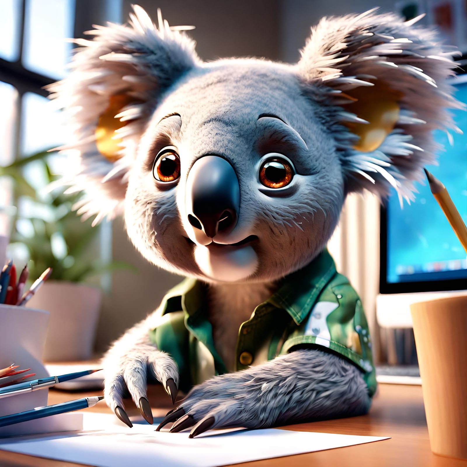 Shocked Cartoon Koala Portrait in Office, Detailed Digital A...