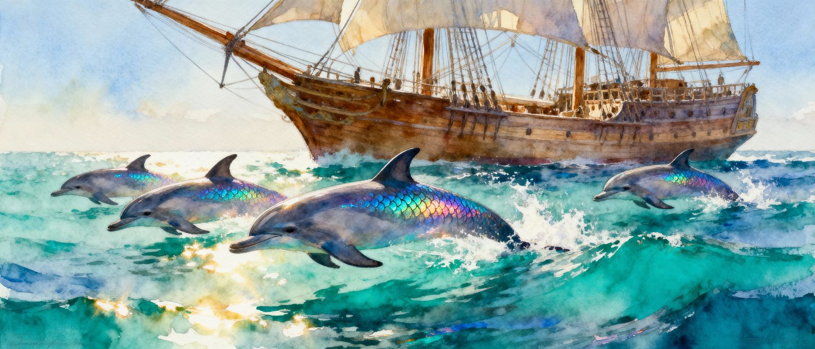 Dolphins Swim With Sailing Ship in Watercolor Style
