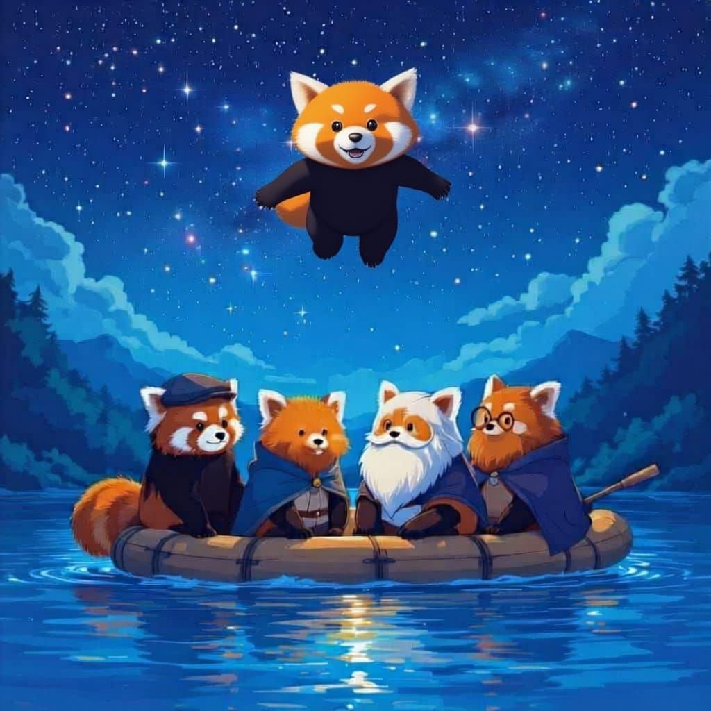 Red Pandas Rafting Under Starry Night Sky in Anime Style