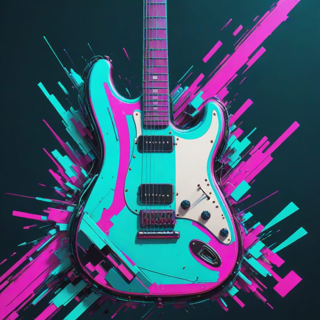 Abstract Glitch Guitar Art in Neon Vaporwave Style