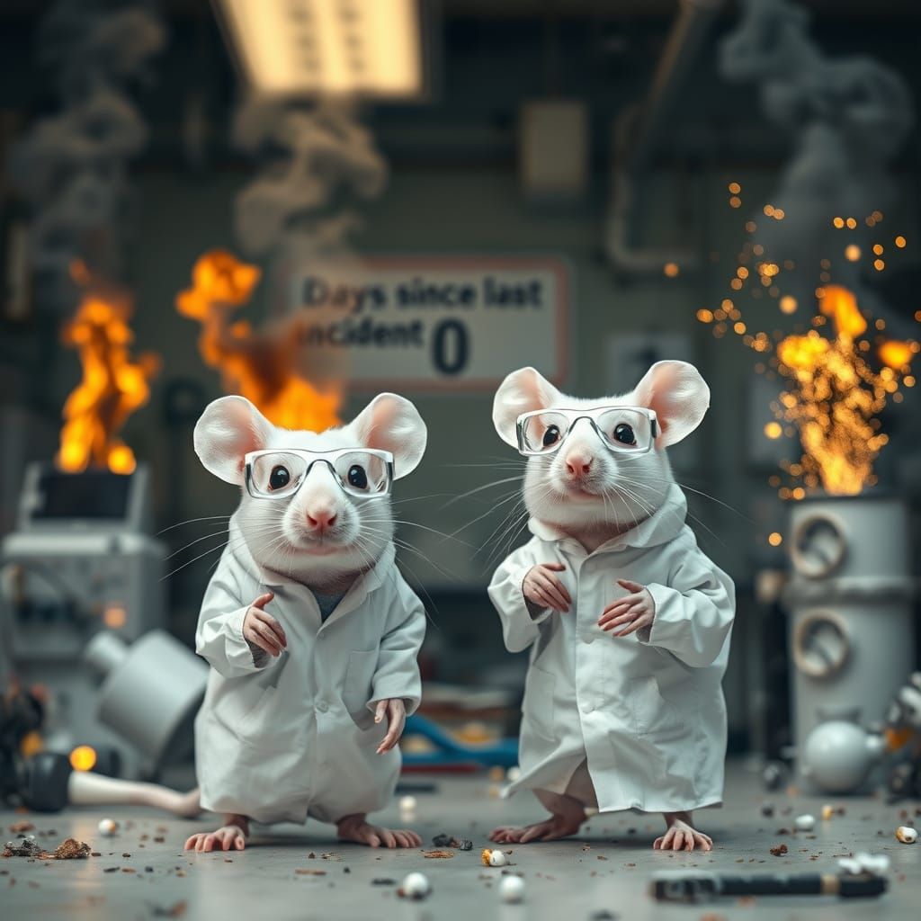 Mice in Lab Coats Amidst Lab Disaster