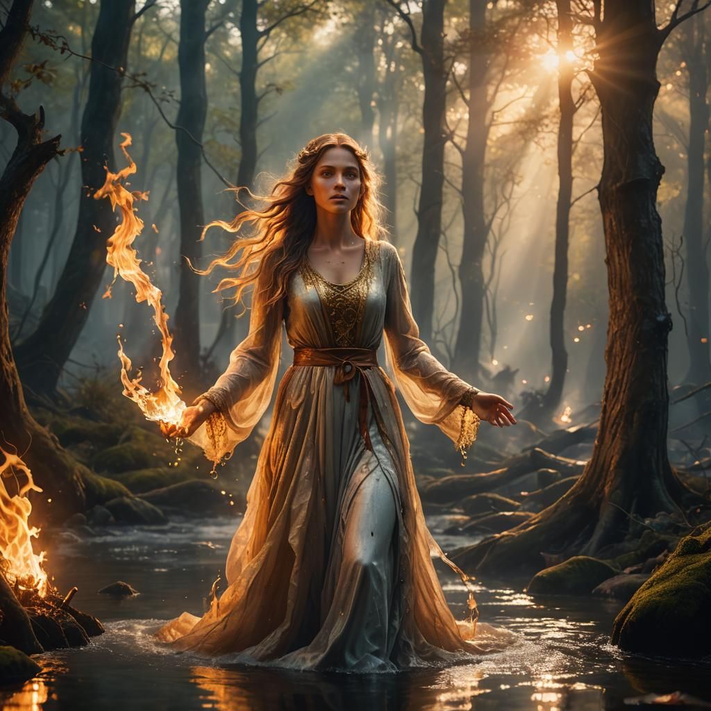 Girl Summoning Fire and Water in Mystical Forest