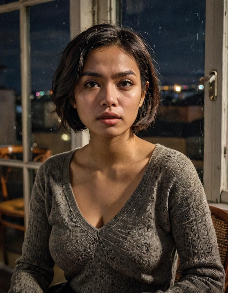 Crying Indonesian Woman in Dark Room, Raw Photo