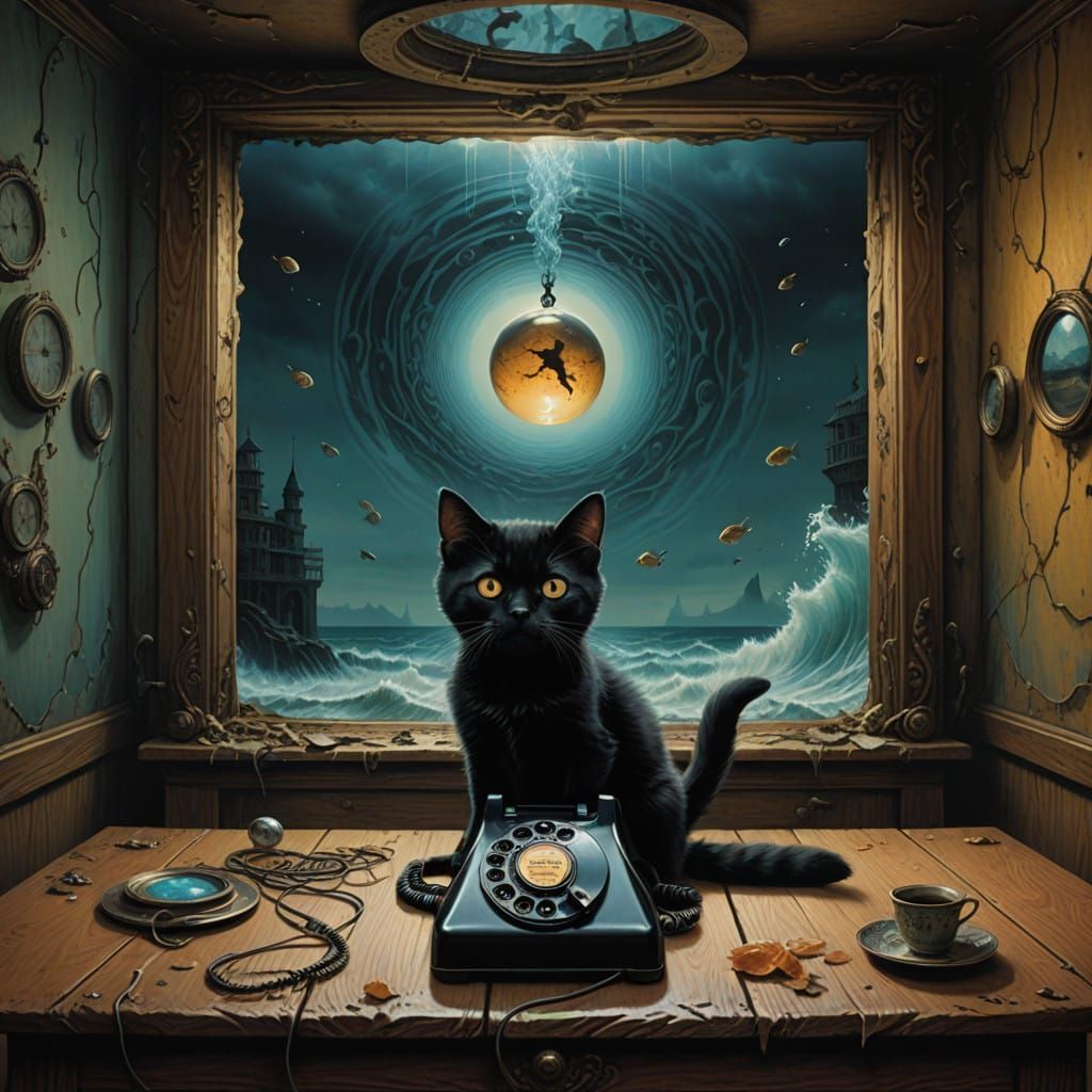 Surreal Seascape Unfolds from Phone in Dark Ominous Room