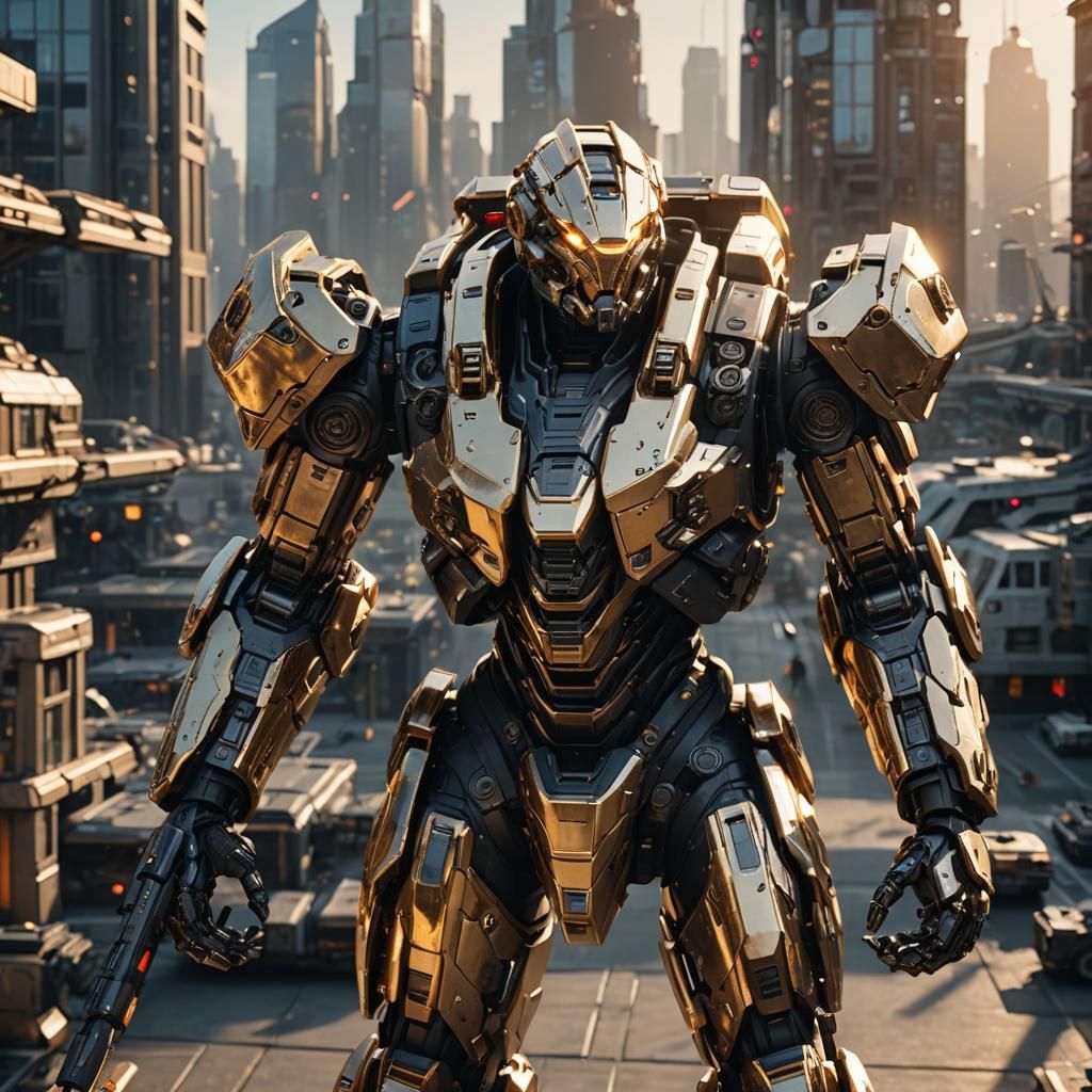 Mech Warrior in Futuristic Cityscape Concept Art