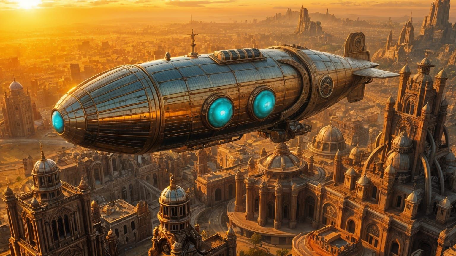 Futuristic Airship Soars Above Ancient Metropolis