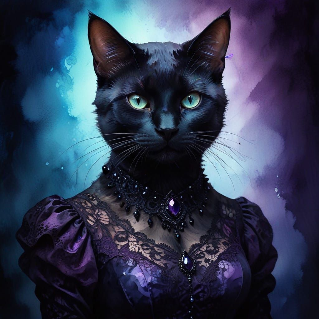 Ethereal Gothic Feline in Soft Watercolor Hues