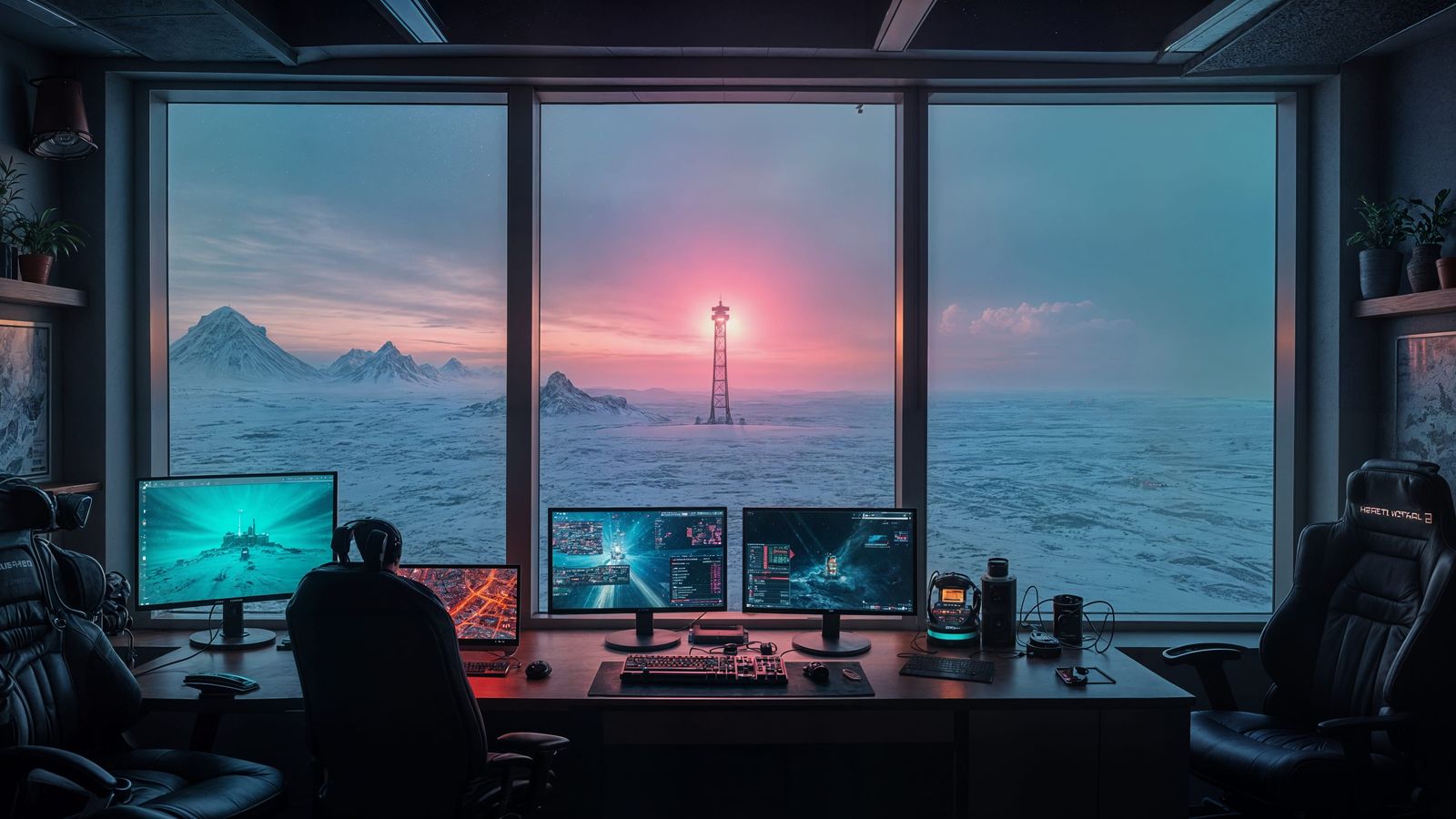 Desolate Snowy Outpost with Neon Tower