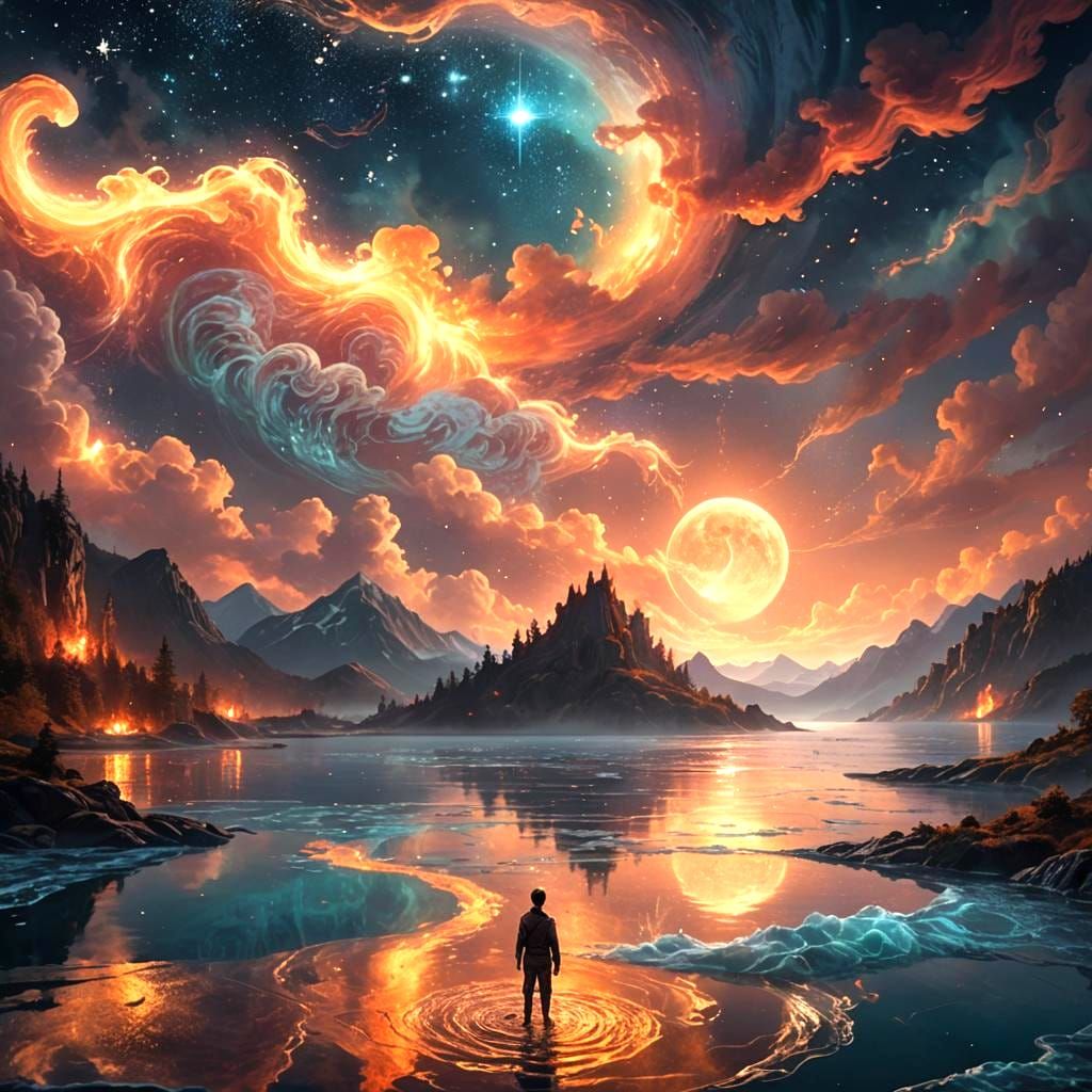 Moonlit Fantasy Landscape with Waves and Sparks