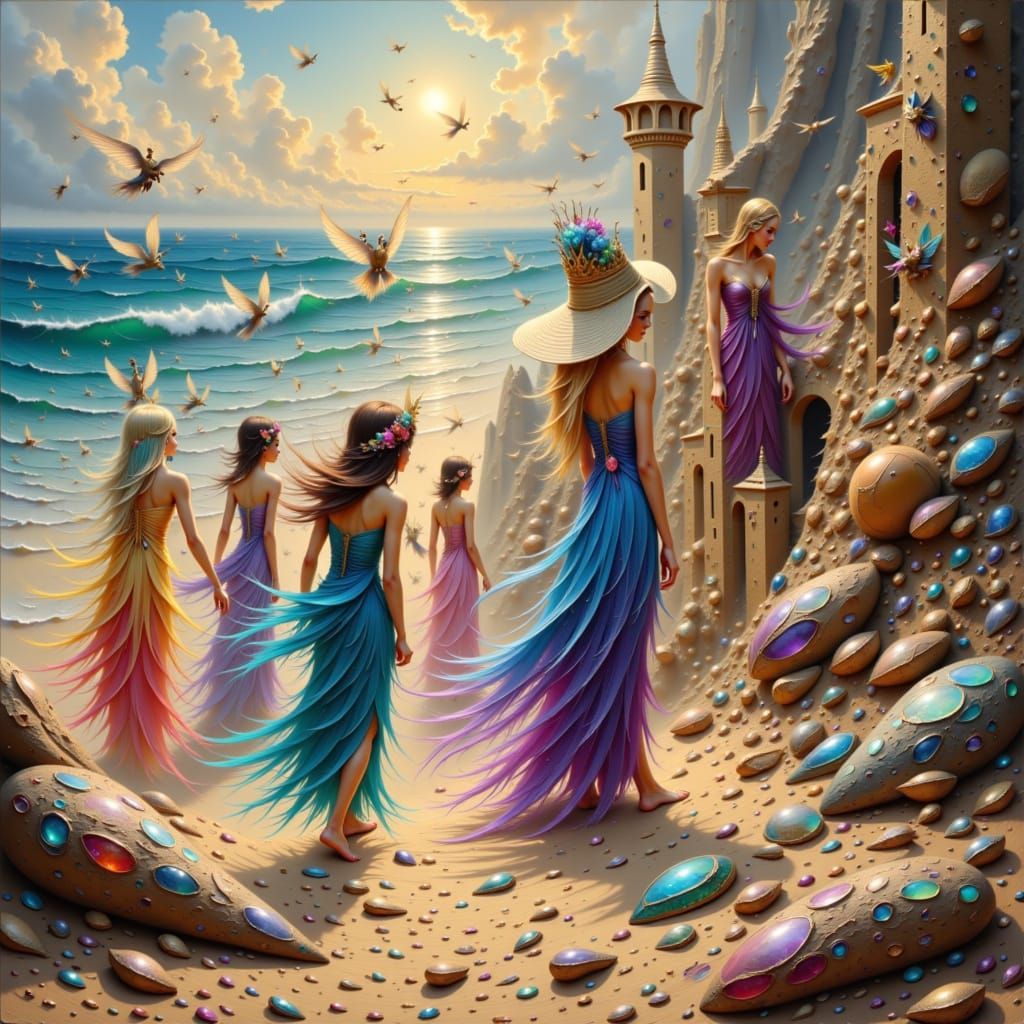 Fey Spirits Build Sandcastle, Vibrant Oil Painting