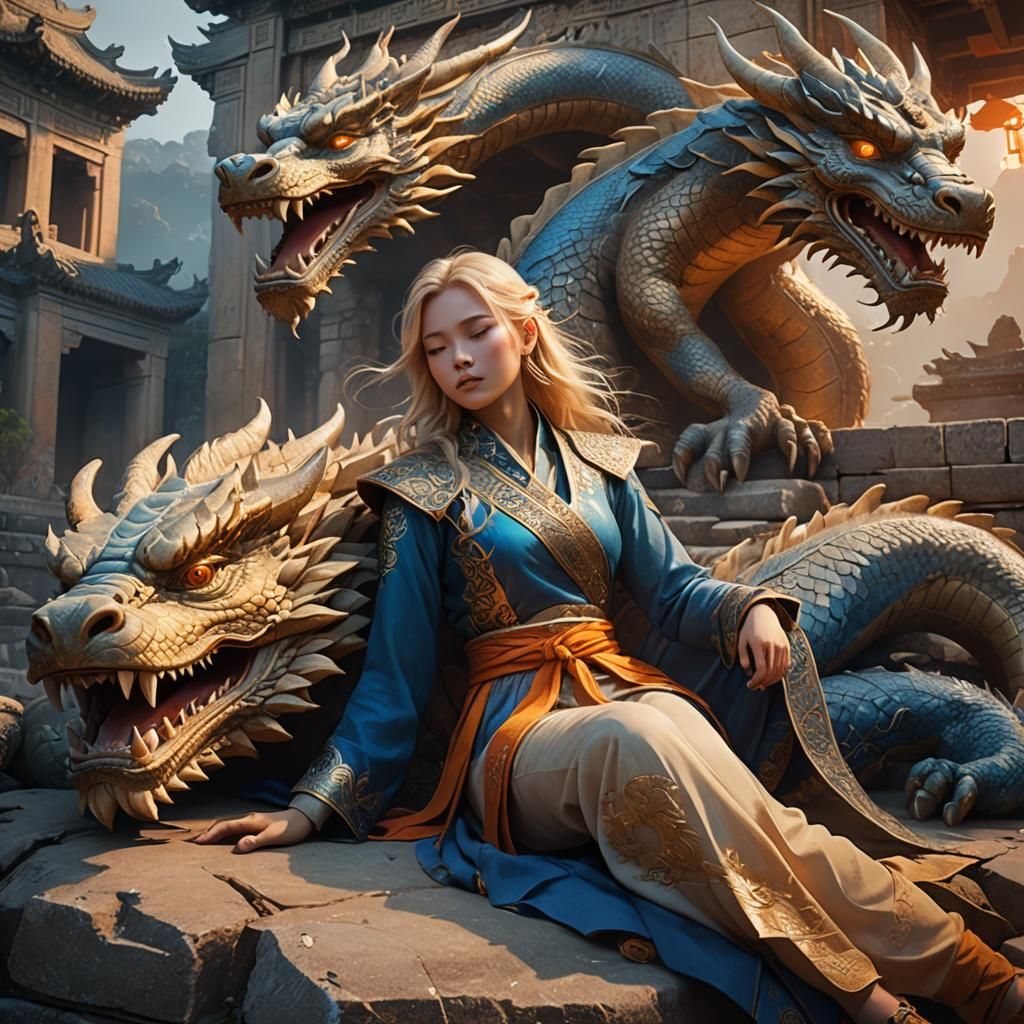 Chinese Girl and Dragon in Ancient Ruins