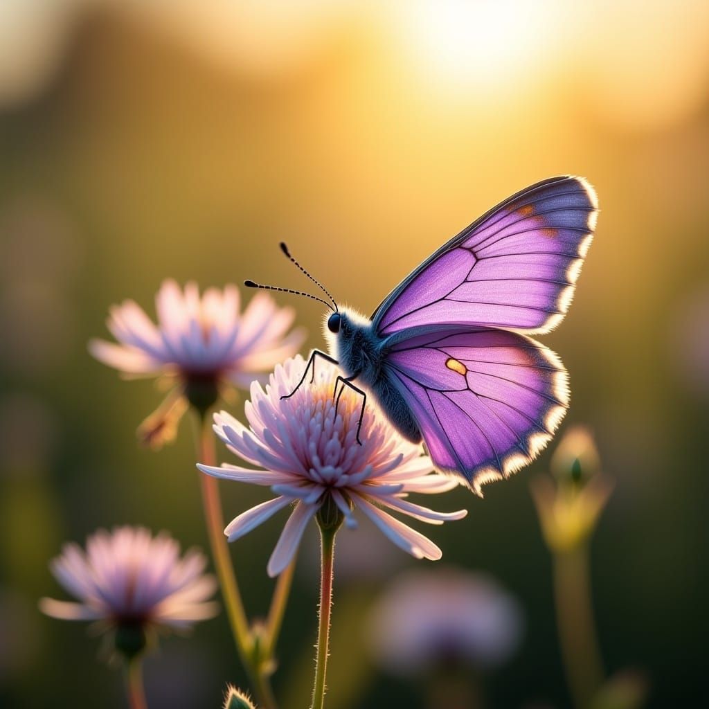 Purple and White Butterfly in Morning Sunlight