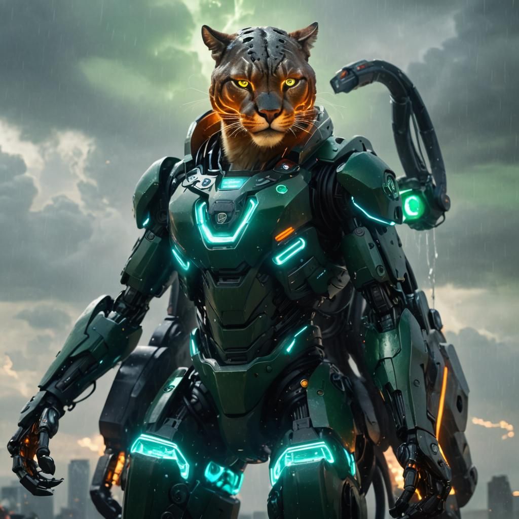 Four-Armed Robot Cougar in Sci-Fi Art Style