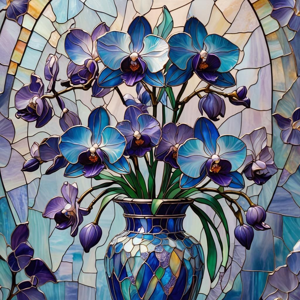 Hyperdetailed stained glass art. Medium shot. A blue orchid ...