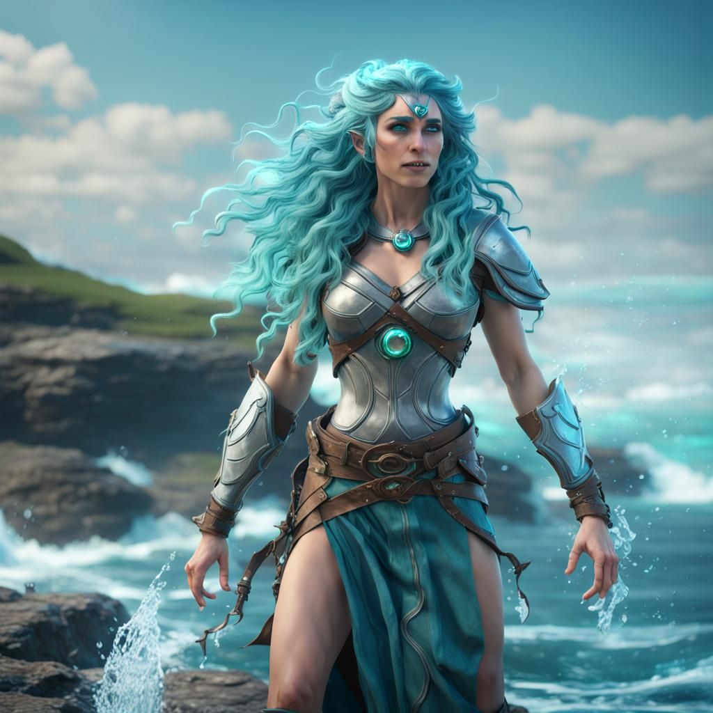 Radiant Water Genasi Druid on Rocky Shore