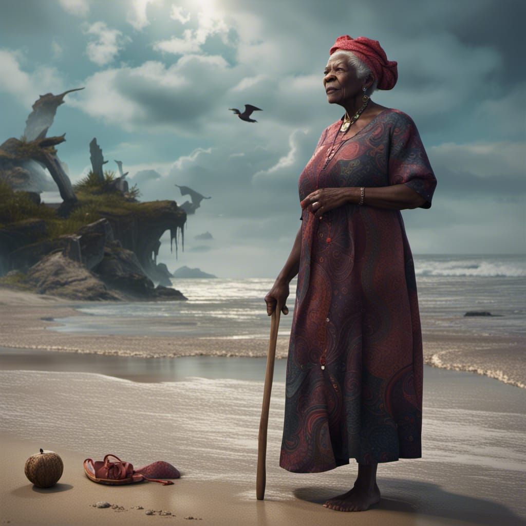 Black Granny on the Beach: Detailed Matte Painting