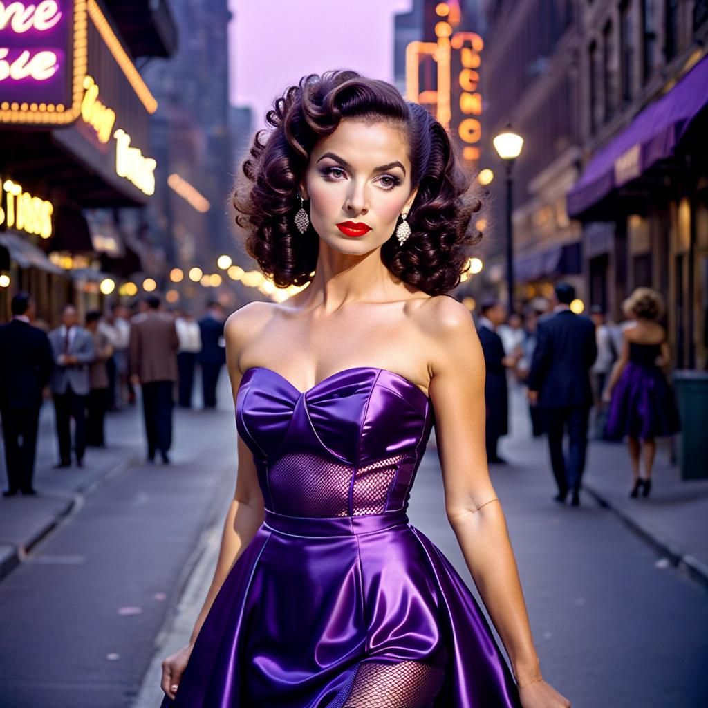 Woman in Purple Silk Dress, 1980s Style