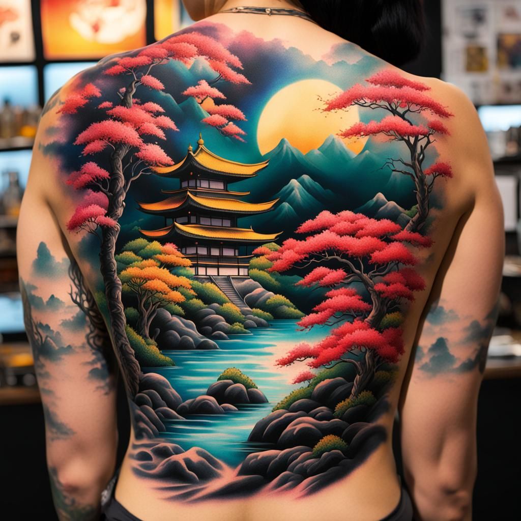 Woman's Back Tattoo: Japanese Landscape in Splash Art