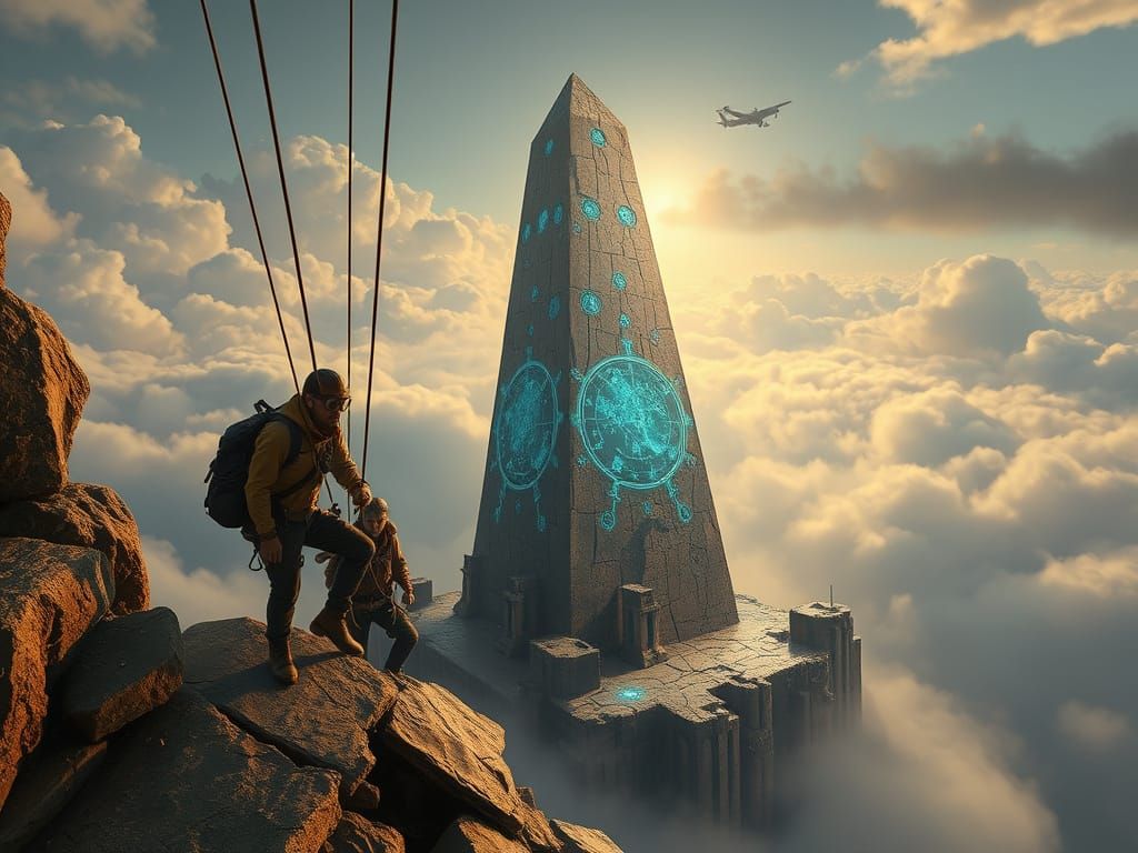 Airship Archaeologists Explore Celestial Obelisk in Clouds