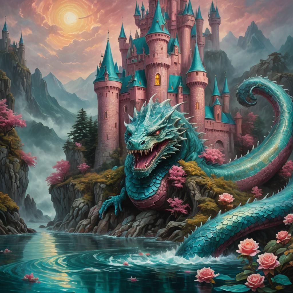 Teal and Rose Castle with Water Monster: Fantasy Oil Paintin...