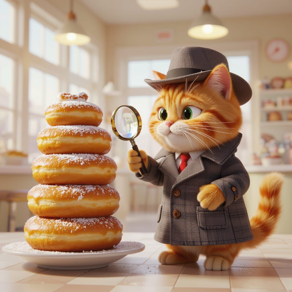 Pixar-Style Cat Detective Inspects Donuts