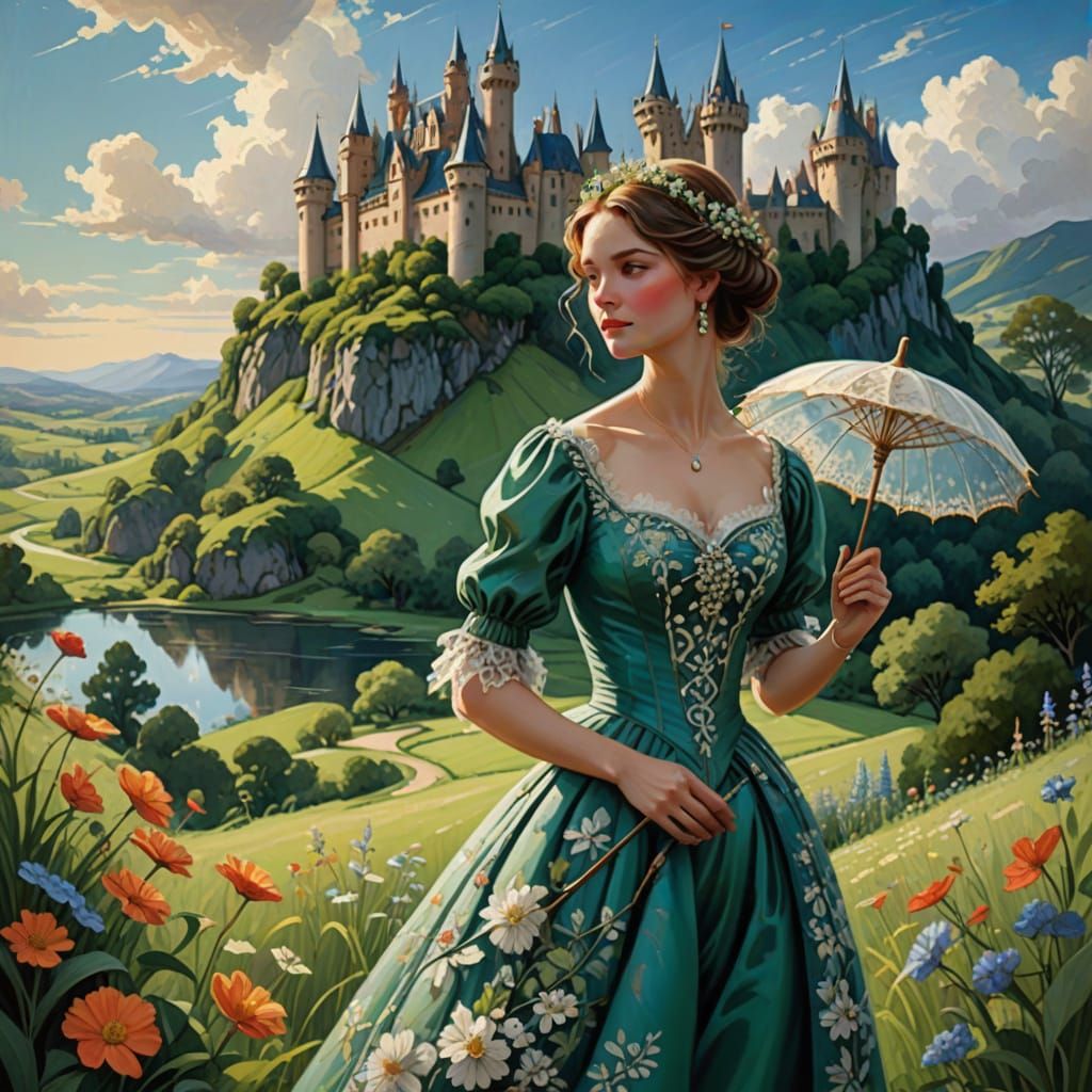 Woman in Ornate Gown with Parasol Before Fairytale Castle