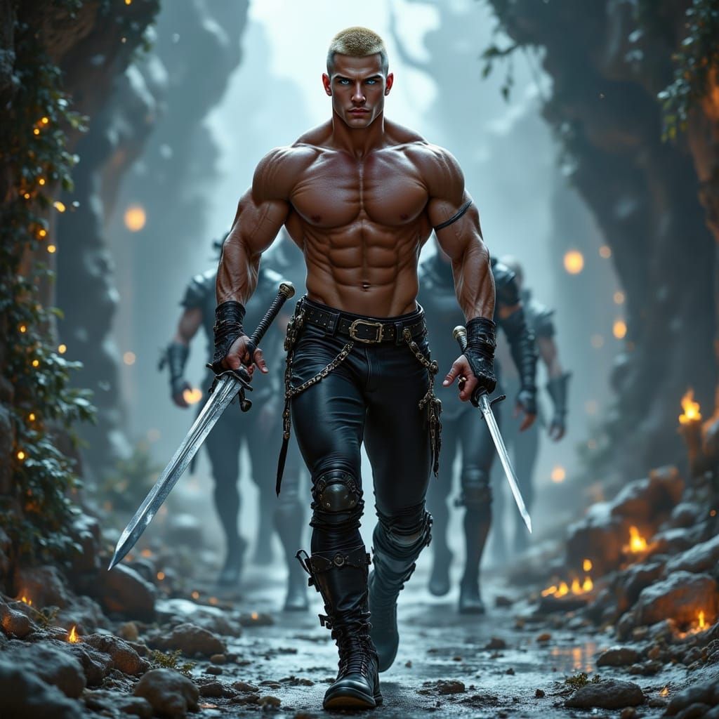 Muscular Swordsman Strides Through Alien World