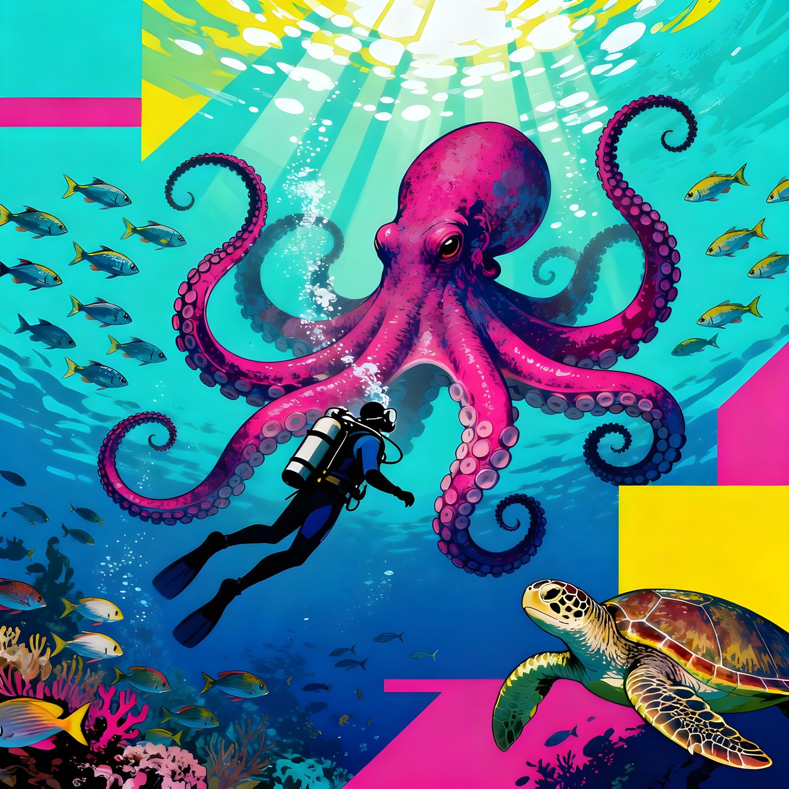 Octopus Plays with Diver Amidst Marine Life in Turquoise Wat...