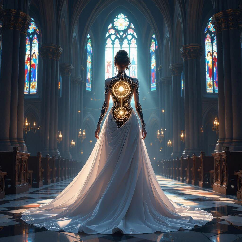 Biomechanical Woman with Clockwork Heart in Gothic Cathedral