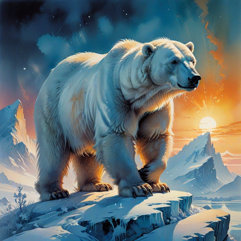 Surreal Arctic Winter Landscape with Polar Bear in Golden Hu...