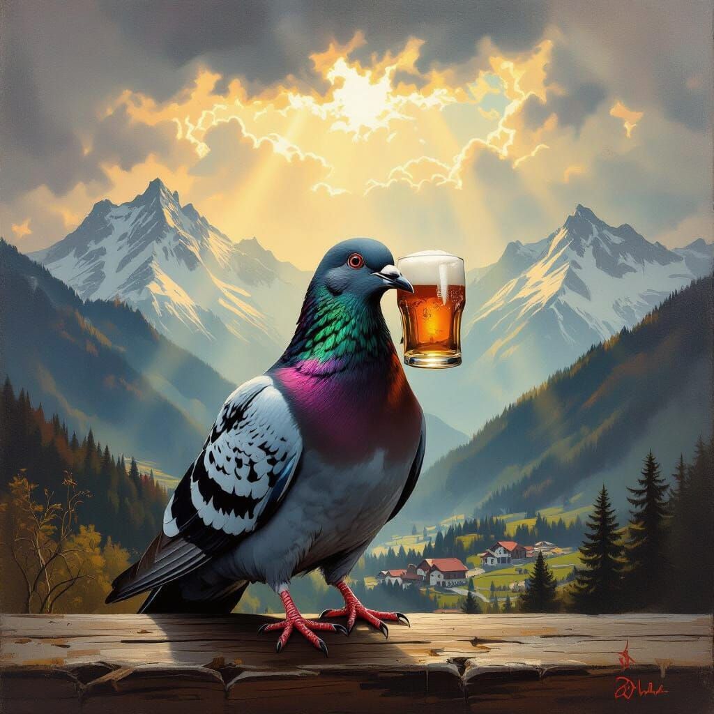 Pigeon Holds Beer in Zakopane with Tatra Mountains