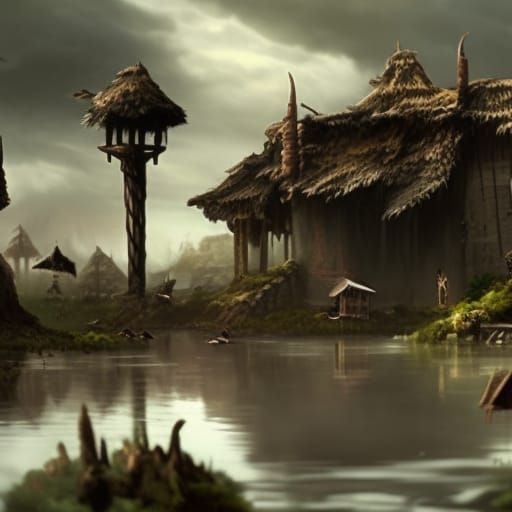 Fantastical Bog Village on Stilts: Detailed Matte Painting