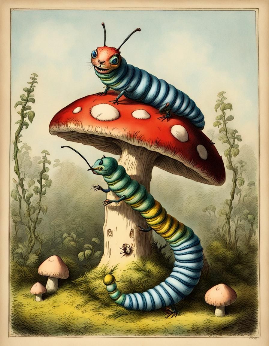 Alice in Wonderland Caterpillar on Mushroom in 3D