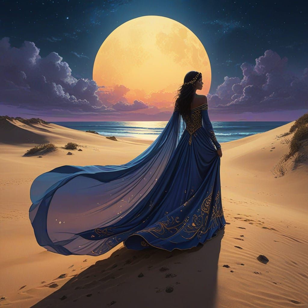 Ethereal Woman in Flowing Blue and Gold Gown Strolls Along M...