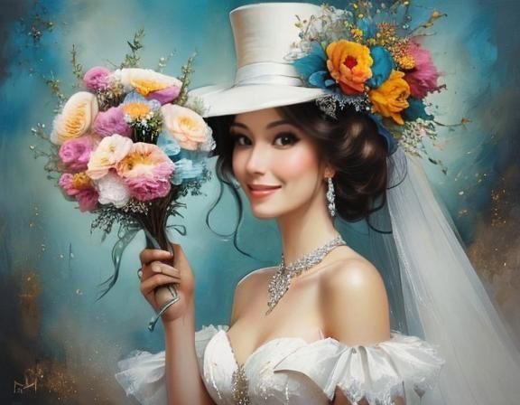 Bride in Tulle Holding Bouquet with Floral Elements