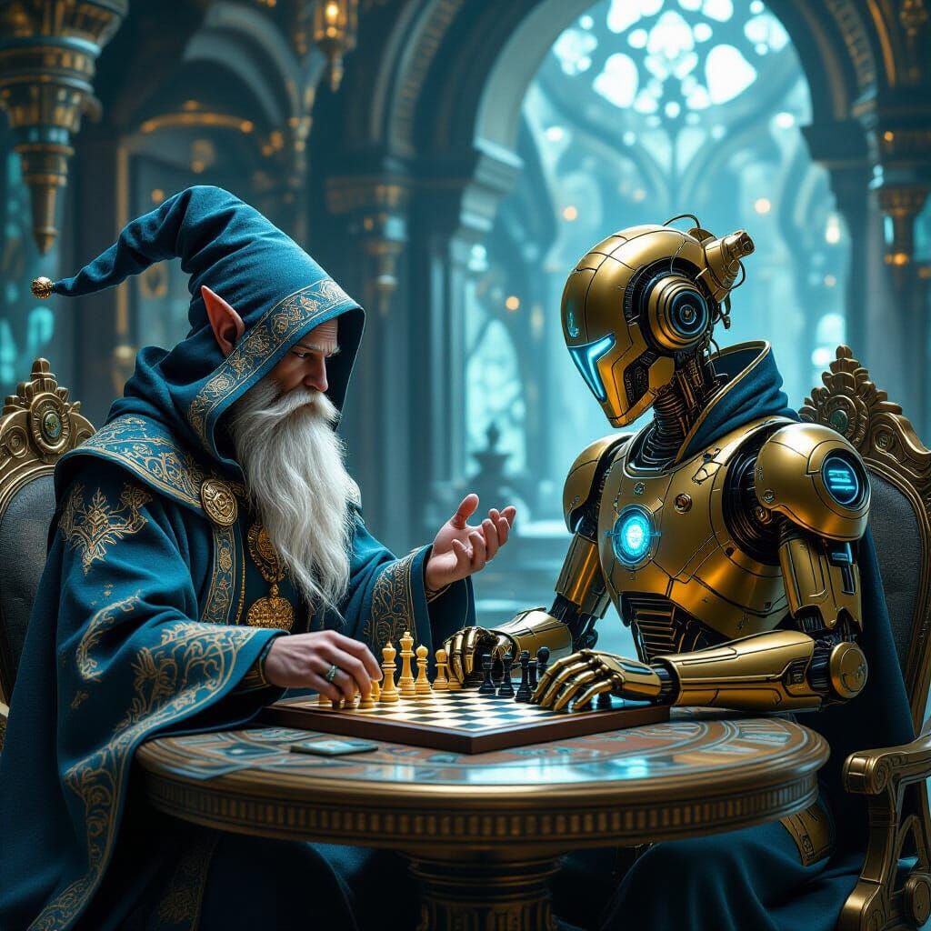 Elf Wizard Plays Chess with Retro Robot