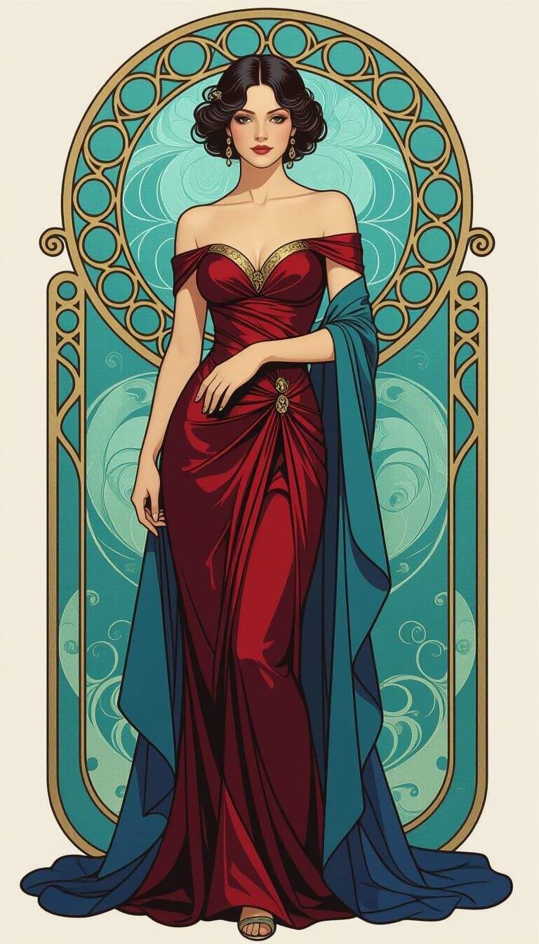 Elegant Woman in Garnet and Azure, Art Nouveau Style