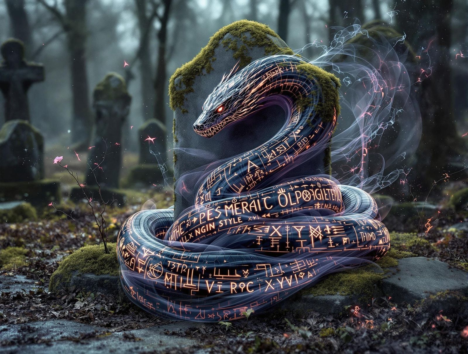 Spectral Serpent Unveiled in Ancient Graveyard Twilight