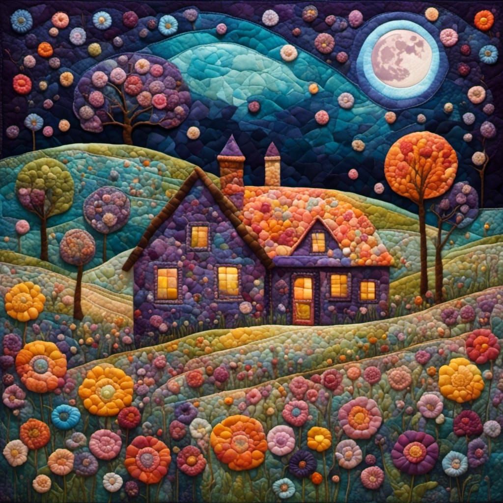 Purple Wildflower Field under Full Moon