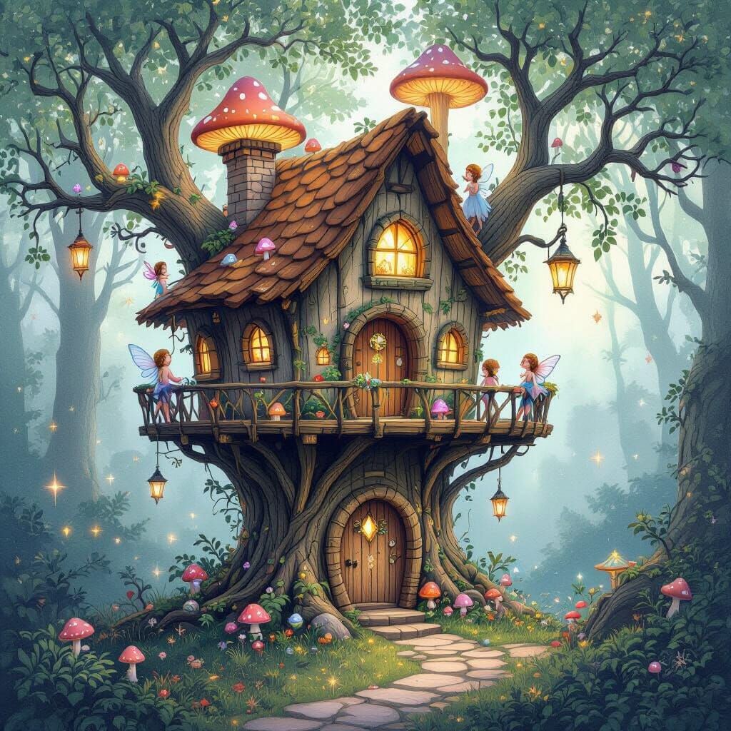 Enchanted Forest Treehouse with Fairies in Watercolor Style